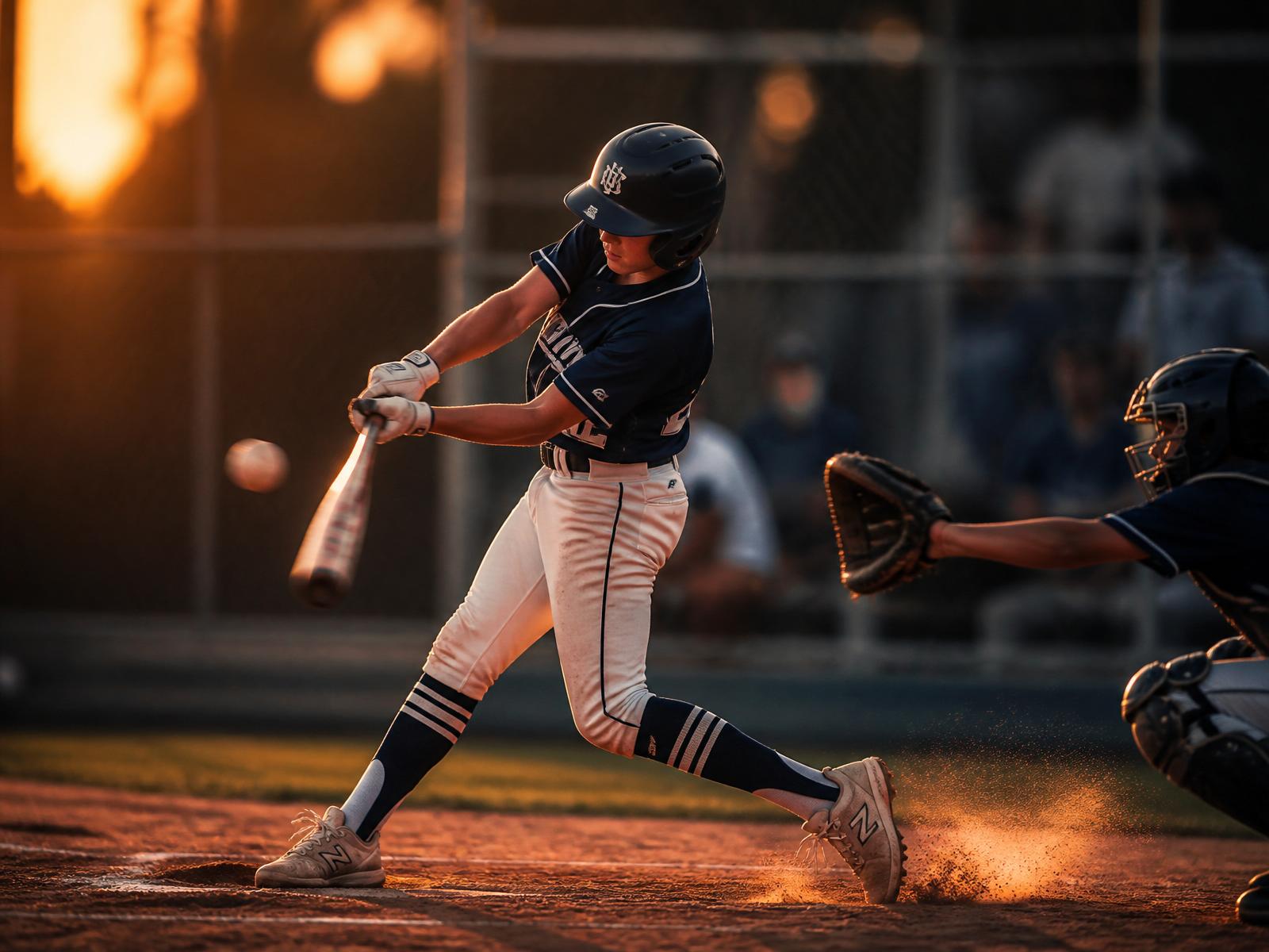 Young baseball player swinging a bat at golden hour